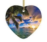 Décoration en céramique en forme de cœur avec palmier tropical hawaïen, océan, mer, coucher de soleil, décoration pour sapin de Noël, cadeaux de vacances, échange de cadeaux