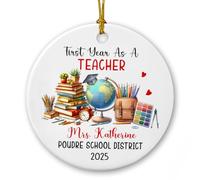 Décoration en céramique « First Year As A Teacher » 2025, décoration personnalisée pour 1er Noël en tant qu'enseignant, souvenir en céramique pour enseigner, nom personnalisé et nom de l'école, cadeau