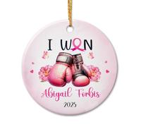 Décoration en céramique « I Won » - Cadeau pour femme - Guerrier du cancer - Décoration de Noël personnalisée - Nom personnalisé - Décoration en céramique pour la sensibilisation au cancer du sein