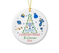 Décoration en céramique Merry Chrismukkah - Décoration de sapin de Noël juive et chrétienne - Décoration de Hanoukka personnalisée - Cadeaux juifs pour couple de famille - Ornements juifs pour Noël