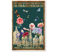 Décoration en métal pour l'extérieur Fleurs et libellules Panneau en métal « What A Wonderful World » rétro pour maison, hôtel, bar, café - Décoration murale extérieure - 20,3 x 30,5 cm
