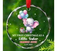 Décoration en verre « My First Christmas As A Little Sister » 2025, date personnalisée, nom, sœur, éléphant, décorations de Noël cadeau de la part de papa, maman, parents, grands-parents, ornement en