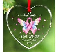 Décoration en verre « The Year I Beat Cancer » 2025, ruban rose personnalisé pour encouragement de Noël, décoration de Noël, survivant du cancer du sein, décoration de Noël, nom personnalisé et année