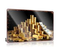 Décoration extérieure amusante Golden Treasure : une pile de pièces brillantes et de monnaie en étain - Panneau sarcastique amusant (30 x 40 cm)