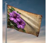 Décoration extérieure amusante vintage avec fleurs d'hibiscus violettes sur fond de vieux journal, drapeau de chambre d'université, décoration de chambre d'homme (30 x 45 cm)