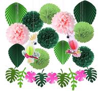 Décoration Fête à Thème Hawaïen, Summer Decoration Garden Party, 8 Pompoms Décor, 4 Feuilles Forme éventail, 2 Perroquets Balle Nid Abeille, 1 Bannière Feuilles, Pour Jungle Décor Anniversaire été