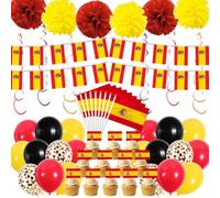 Décoration Fête Espagne, Kit Déco Drapeau Espagnol pour Célébration | Kit de décoration sur le thème de l'Espagne, composé de guirlandes, ballons, pompons en papier, drapeaux pour vos fêtes