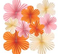 Decoration Fete Lot de 9 Fleurs Papier, Décorations d'anniversaire, Festival Guirlande Papier, Décorations D'éventails en Papier Beige, Rose Clair, Orange pour les Anniversaires, les Mariages