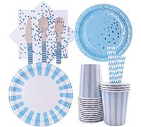 Décoration Fête pour Anniversaire,128 Pièces Mariages Décoration la Vaisselle de Fête,Vaisselle Carton Jetable,Kit Vaisselle Anniversaire, pour Mariage, Noces, Noël et Fêtes(Service 16 Invités) (Bleu)
