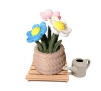 Décoration florale en style maille avec 3 fleurs et arrosoir, pot décoratif créatif pour bureau ou étagère, idée cadeau originale, idéale pour ameublement de maison/bureau, pièce maîtresse (rose et