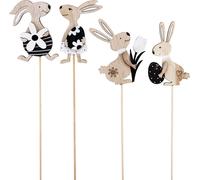 Décoration florale Lapin de Pâques Noir Blanc Naturel Bois Set 12 pièces Pâques Printemps