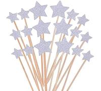 Décoration Gâteau,50 Pack Baguettes de Décorations Cupcake Toppers avec Etoile Cake Toppers Star pour Mariages Anniversaires Fêtes Pics à Fruits Nourriture Baguette Argent 9.2CM