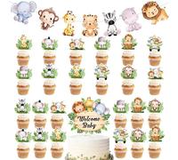 Decoration Gateau Animaux, Décoration Muffin Animaux, Safari Deco, Cupcake Topper pour Enfant Fille Garçon Anniversaire pour 1er Anniversaire, Animaux de la Jungle Décoration de Gâteau