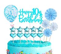 Decoration Gateau Anniversaire 10 ans,16 Pièces Joyeux Anniversaire Cake Topper,Happy 10th Birthday Gateau Decoration,Bleu Confettis Ballon Star pour Garçon et Fille 10ans Fête d'anniversaire