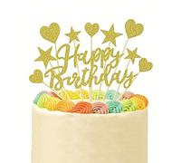 Decoration Gateau Anniversaire,11 pcs Cake Topper Deco Gateau Anniversaire Decor Gateau Happy Birthday Coeurs Étoiles,pour Mariages Anniversaire Fêtes Fille Garcon(Or)