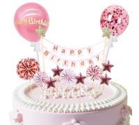 Decoration Gateau Anniversaire 12 Pièces, Happy Birthday Decoration Gateau en Rose, Decoration Cake Topper Confettis Ballon Étoiles Éventail en Papier de Décoration pour Fête de D'anniversaire