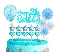 Decoration Gateau Anniversaire 21 ans,16 Pièces Joyeux Anniversaire Cake Topper,Happy 21st Birthday Gateau Decoration,Bleu Confettis Ballon Star pour Garçon et Fille 21ans Fête d'anniversaire