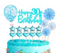 Decoration Gateau Anniversaire 30 ans,16 Pièces Joyeux Anniversaire Cake Topper,Happy 30th Birthday Gateau Decoration,Bleu Confettis Ballon Star pour Garçon et Fille 30ans Fête d'anniversaire