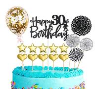 Decoration Gateau Anniversaire 30 ans,16 Pièces Joyeux Anniversaire Cake Topper,Happy 30th Birthday Gateau Decoration,Noir avec Or Confettis Ballon Star pour Garçon et Fille 30ans Fête d'anniversaire
