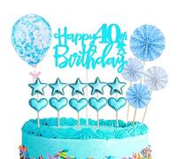 Decoration Gateau Anniversaire 40 ans,16 Pièces Joyeux Anniversaire Cake Topper,Happy 40th Birthday Gateau Decoration,Bleu Confettis Ballon Star pour Femme et Femme 40ans Fête d'anniversaire