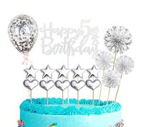 Decoration Gateau Anniversaire 5 ans,16 Pièces Joyeux Anniversaire Cake Topper,Happy 5th Birthday Gateau Decoration,Argent Confettis Ballon Star pour Garçon et Fille 5ans Fête d'anniversaire