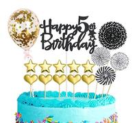 Decoration Gateau Anniversaire 5 ans,16 Pièces Joyeux Anniversaire Cake Topper,Happy 5th Birthday Gateau Decoration,Noir avec Or Confettis Ballon Star pour Garçon et Fille 5ans Fête d'anniversaire