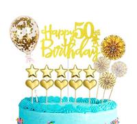 Decoration Gateau Anniversaire 50 ans,16 Pièces Joyeux Anniversaire Cake Topper,Happy 50th Birthday Gateau Decoration,Or Confettis Ballon Star pour Femme et Femme 50ans Fête d'anniversaire
