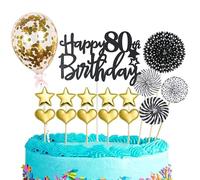 Decoration Gateau Anniversaire 80 ans,16 Pièces Joyeux Anniversaire Cake Topper,Happy 80th Birthday Gateau Decoration,Noir avec Or Confettis Ballon Star pour Femme et Femme 80ans Fête d'anniversaire