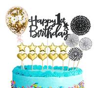 Decoration Gateau Anniversaire Bébé,16 Pièces Joyeux Anniversaire Cake Topper,Happy 1st Birthday Gateau Decoration,Noir avec Or Confettis Ballon Star pour Bébé Fête d'anniversaire 1er Anniversaire