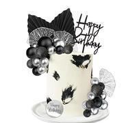 Décoration Gâteau Anniversaire Bohème,Cake Topper Boules noir,Feuilles de Palmier et Gingko,Happy Birthday Topper,30 Pièces pour femme et fille Mariage,Baby Shower,Fête d'Anniversaire (argent noir)