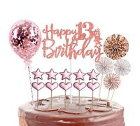 Decoration Gateau Anniversaire Fille 13 ans,16 Pièces Joyeux Anniversaire Cake Topper,Happy 13th Birthday Gateau Decoration,Rose avec Or Confettis Ballon Star Décor pour 13 ans Fête d'anniversaire