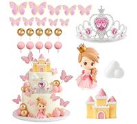 Decoration Gateau Anniversaire Fille, 24 PCS Décoration de Gâteau de Boule de Couronne, Papillon de Château, Figurine de Nuage et de Fille Deco Gateau Anniversaire, pour les Fêtes de Naissance