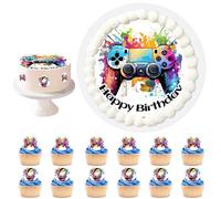 Decoration Gateau Anniversaire Gamer,Disque D'Azyme Comestible Ø 20CM + 12 Cupcake Toppers,Décoration Coméstible Gamer Motif,Deco Gateau Anniversaire Per Ragazze,Bambini