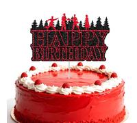 Décoration Gâteau d'Anniversaire Joyeux, Décoration Gâteau d'Anniversaire Pailletée Noire et Rouge Thème l'Étrange Dans Forêt Étranger pour Enfants Garçons Fille Articles Fête et Décorations