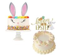 Décoration Gâteau Paques 2 Sets d'Oreilles de Lapin Cake Topper Happy Easter Carottes et des œufs Colorés pour Fêtes de Pâques, Fêtes Thème du Lapin, Anniversaires d'Enfants