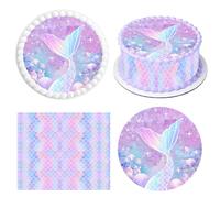 Décoration Gâteau Sirène Cake Topper,1 Sirène Disque Azyme,4 Ruban pour Gâteau Comestible 24cm x 5cm,Disque d'Azyme Comestible,Papier Comestible Décoration,Anniversaire Enfants (Violet)