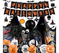 Decoration Halloween Effrayante LED, Tissu Noir Squelette Citrouille Nappe Ballon Banderole Spirale Suspendue, Banderole Banniere Happy Halloween, pour Maison, Jardin, Fête, Enfants et Adultes
