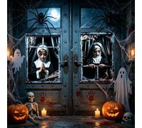 Decoration Halloween Nonne Sanglante, Rideau De Fenêtre Effrayant. | Tissu polyester idéal pour decoration halloween fenetre. Parfait comme deco halloween exterieur pour effrayer les invités.