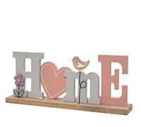 Décoration - Inscription Home - 12 x 30 cm - Bois et métal - Avec oiseau fleur et cœur - Décoration en bois à poser - Décoration en bois à poser - Pour salon, rebord de fenêtre, couloir - Décoration