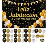 Décoration Joyeuse Retraite Photocall Bannière 110 x 80 cm Fête Retraite Homme Femme 30 Ballons Bannière Toile Fond Photocol Espagnol - Accessoires Amusants - Fête Adultes Élégante Affiche Célébration