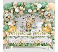 Décoration Jungle Safari, Kit Anniversaire avec Arche Balloon Vert Blanc Or, Fond d'Animal, Insert de Gâteau, Nappe, pour Fête Jungle Safari