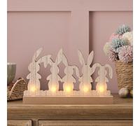 Lights4fun Lapins de Pâques en Bois de 30 cm avec 5 LED Blanc Chaud à Piles et Minuterie Décoration de Table pour l’Intérieur