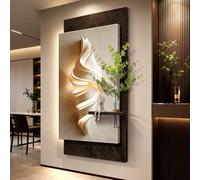 Décoration murale 3D, art mural lumineux en grès, sculptures murales à brancher avec vase hydroponique et plantes vertes artificielles, tableau vertical à suspendre pour salon (L, 50 x 100 cm / 19,7 x