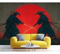 Décoration murale 3D autocollante représentant un duel épique de samouraïs, avec soleil rouge et katanas. Idéale pour la chambre, la salle de bain et le salon. Papier peint décoratif. 150x105cm