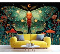 Décoration murale 3D autocollante représentant une forêt de fleurs et de champignons avec un papillon céleste enchanteur. Idéale pour la chambre, la salle de bain et le salon. Papier peint décoratif.