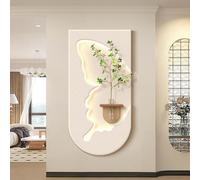 Décoration murale 3D avec éclairage LED, Peinture créative en grès avec vase et plante artificielle, fresque murale en grès, pour salon, chambre à coucher(White,50x100cm/19.7x39.4in)