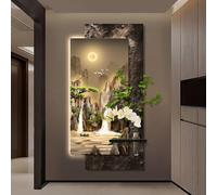 Décoration murale 3D en grès avec éclairage LED, motif paysage de montagnes | Décoration murale en relief 3D avec vase et plantes artificielles, idéale pour le salon, la chambre(A,70*140cm/27.5*55.1in)