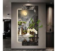 Décoration murale 3D en grès avec éclairage LED, motif paysage de montagnes | Décoration murale en relief 3D avec vase et plantes artificielles, idéale pour le salon, la chambre(D,80*160cm/31.5*63in)