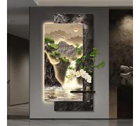 Décoration murale 3D en grès avec éclairage LED, motif paysage de montagnes | Décoration murale en relief 3D avec vase et plantes artificielles, idéale pour le salon, la chambre(E,70*140cm/27.5*55.1in)