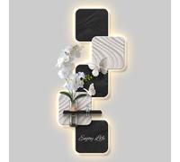 Décoration murale 3D en grès avec éclairage LED, peinture décorative en grès avec vase en verre et plante hydroponique, sculpture murale lumineuse pour entrée et couloir(Type A,64x140cm/25.2x55.1in)